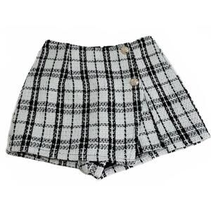 Black and White Plaid Tweed Mini Skort with Gold Button Detail- Sz 2